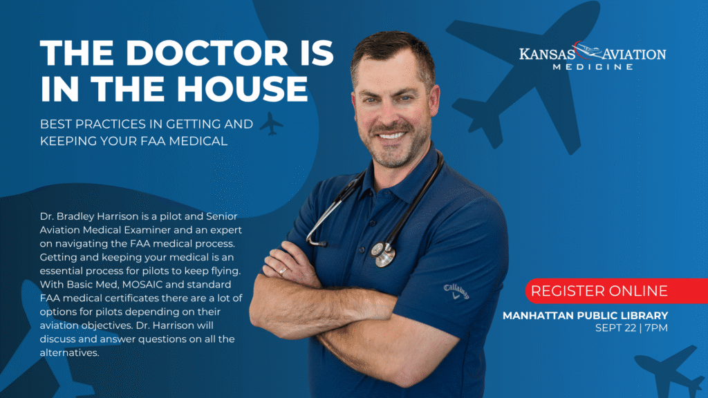 Dr. Bradley Harrison, Senior Aviation Medical Examiner, promoting the September 22 FAA medical seminar at Manhattan Public Library